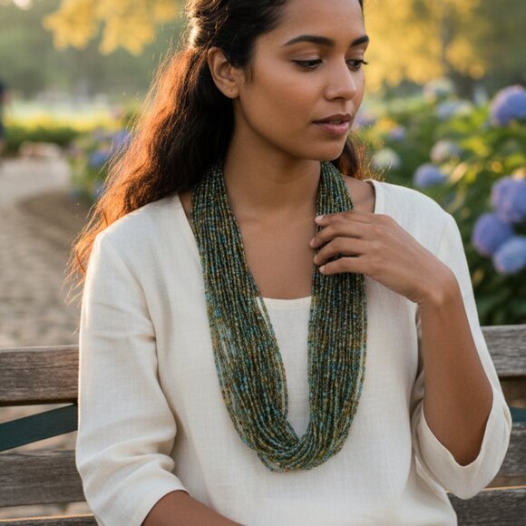 Blue, Brown & Gold Seed Bead Multi-Strand Necklace 26” + extender 25 strands euc - Picture 1 of 5